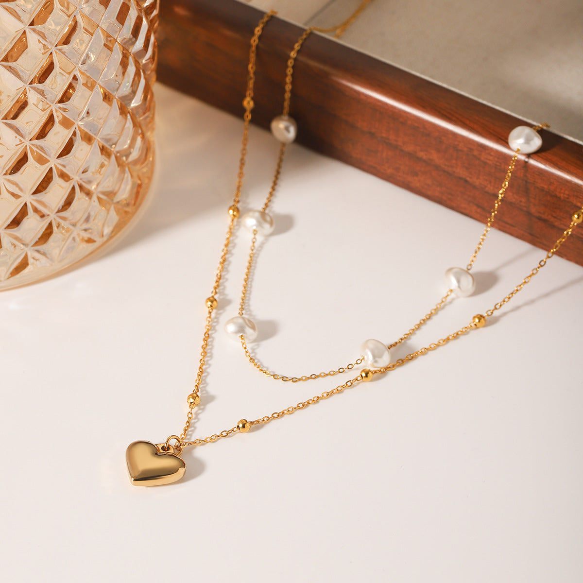 Stainless Steel Love Pendant Double Layer Pearl Necklace Female Clavicle Chain Titanium Steel Necklace