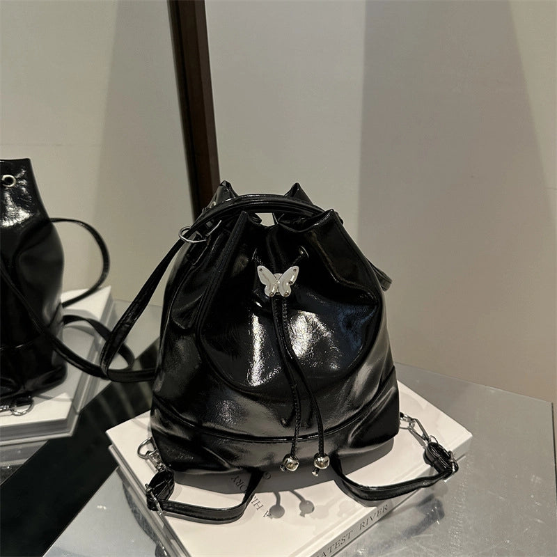 Women's Pu Leather Butterfly Classic Style Sewing Thread Bucket String Shoulder Bag Drawstring Backpack Crossbody Bag