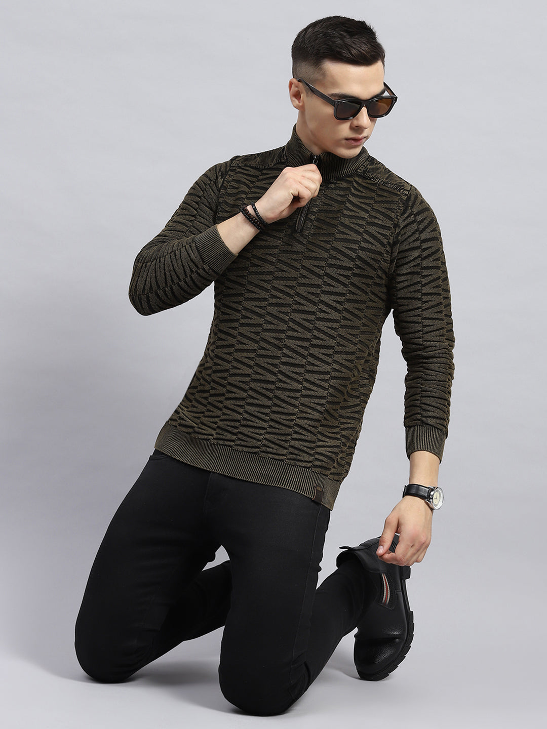 Men Olive Self Design High Neck Full Sleeve Pullover