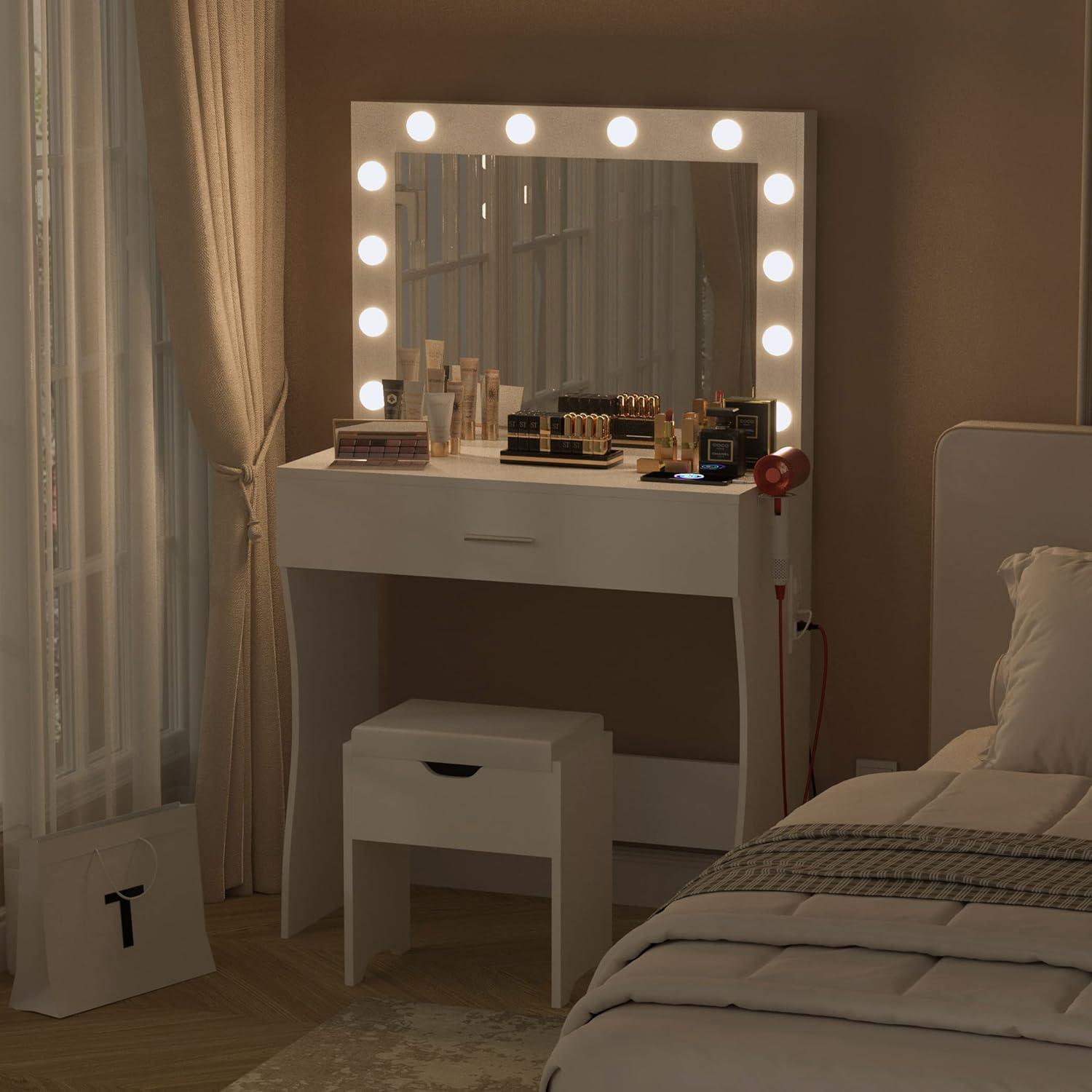 Vanity Table Set with Lighted Mirror - Makeup Vanity with Charging Station