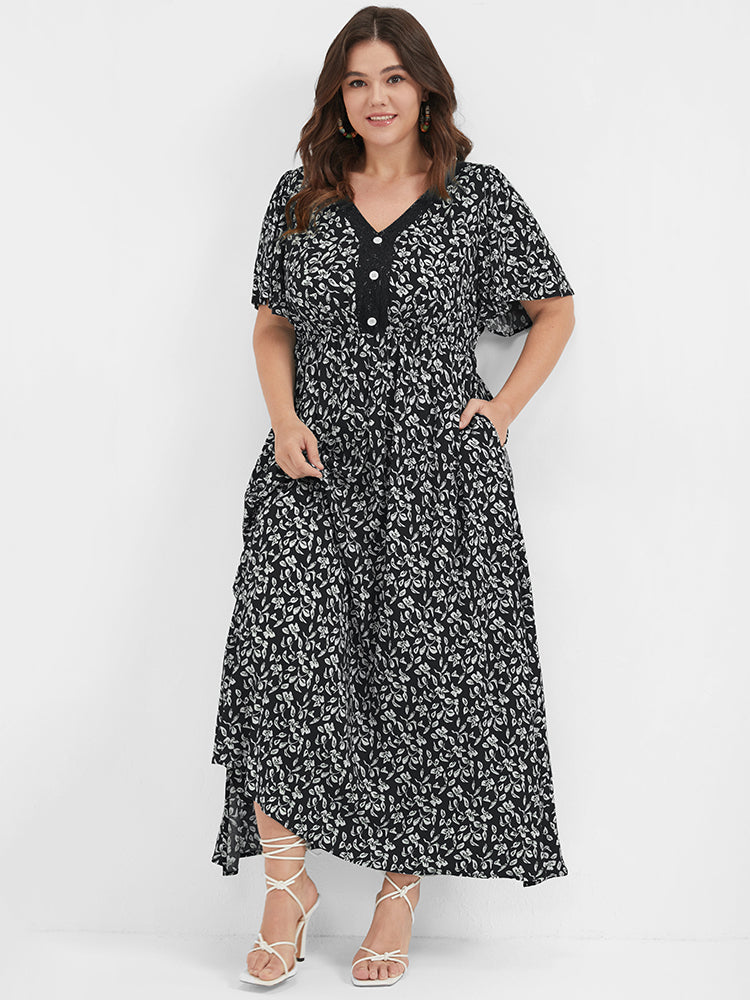 Ditsy Floral Button Lace Pocket Split Ruffles Maxi Dress