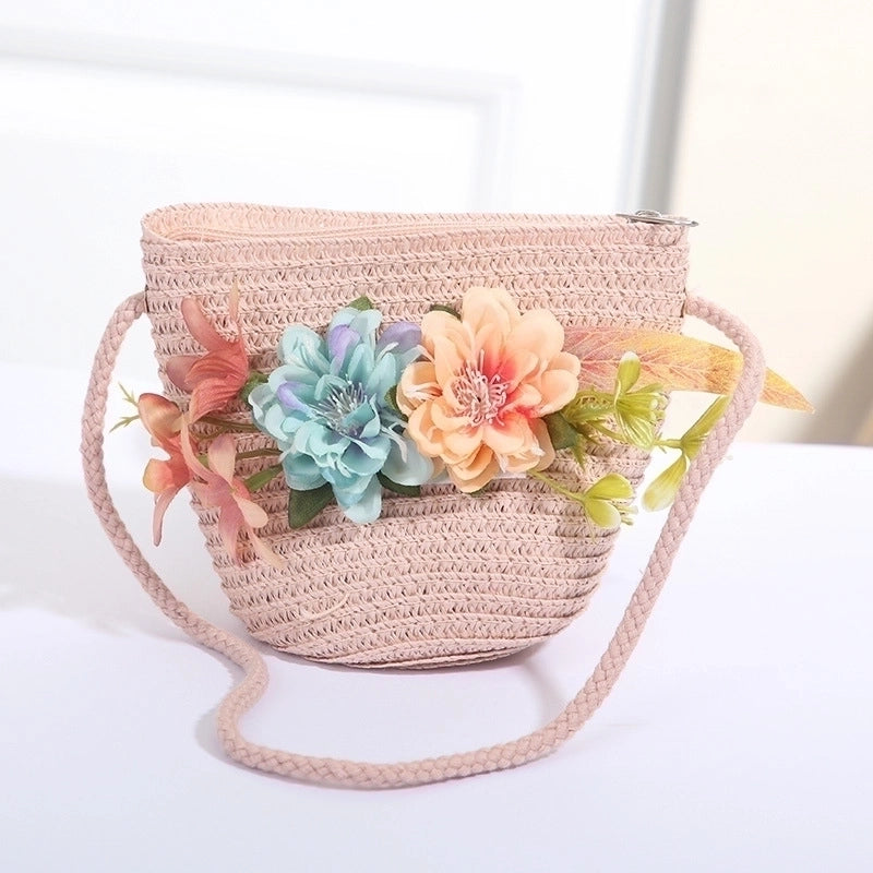 Women's Mini Straw Flower Bow Knot Fashion Bucket Zipper Shoulder Bag Handbag Crossbody Bag