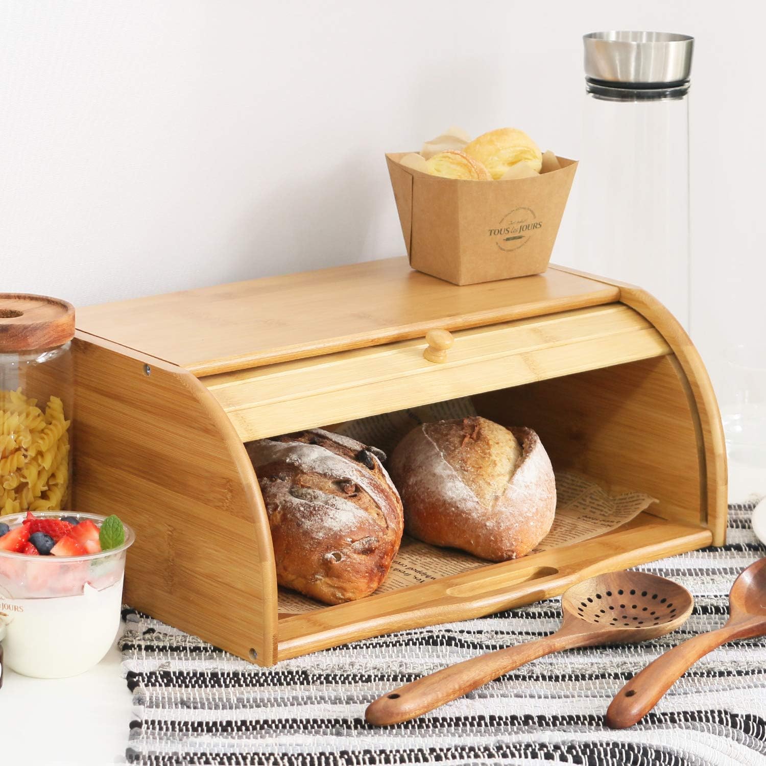 Large Bread Box Bread Basket Kitchen Counter Organizer - Roll Top Bread Box - Bread Box For Kitchen Countertop - Bamboo Wooden Boxes (Natural)