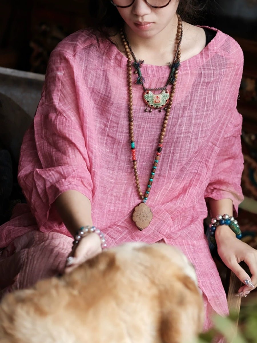 Women Summer Retro Plaid O-Neck Linen Shirt