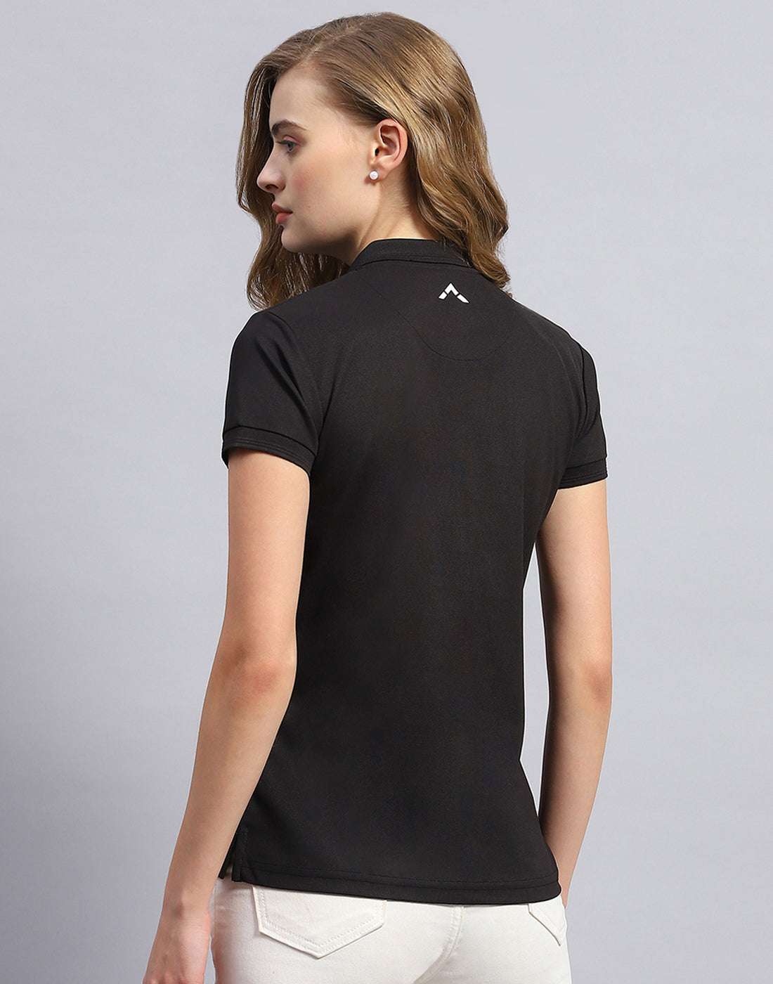 Women Black Solid Polo Collar Half Sleeve T-Shirt