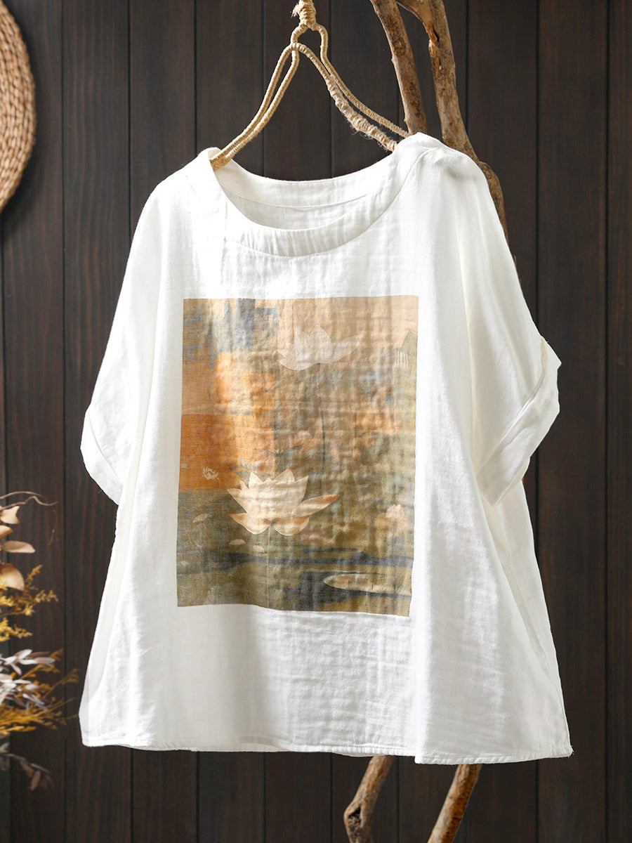 Plus Size Women Summer Casual Print O-Neck Cotton Shirt