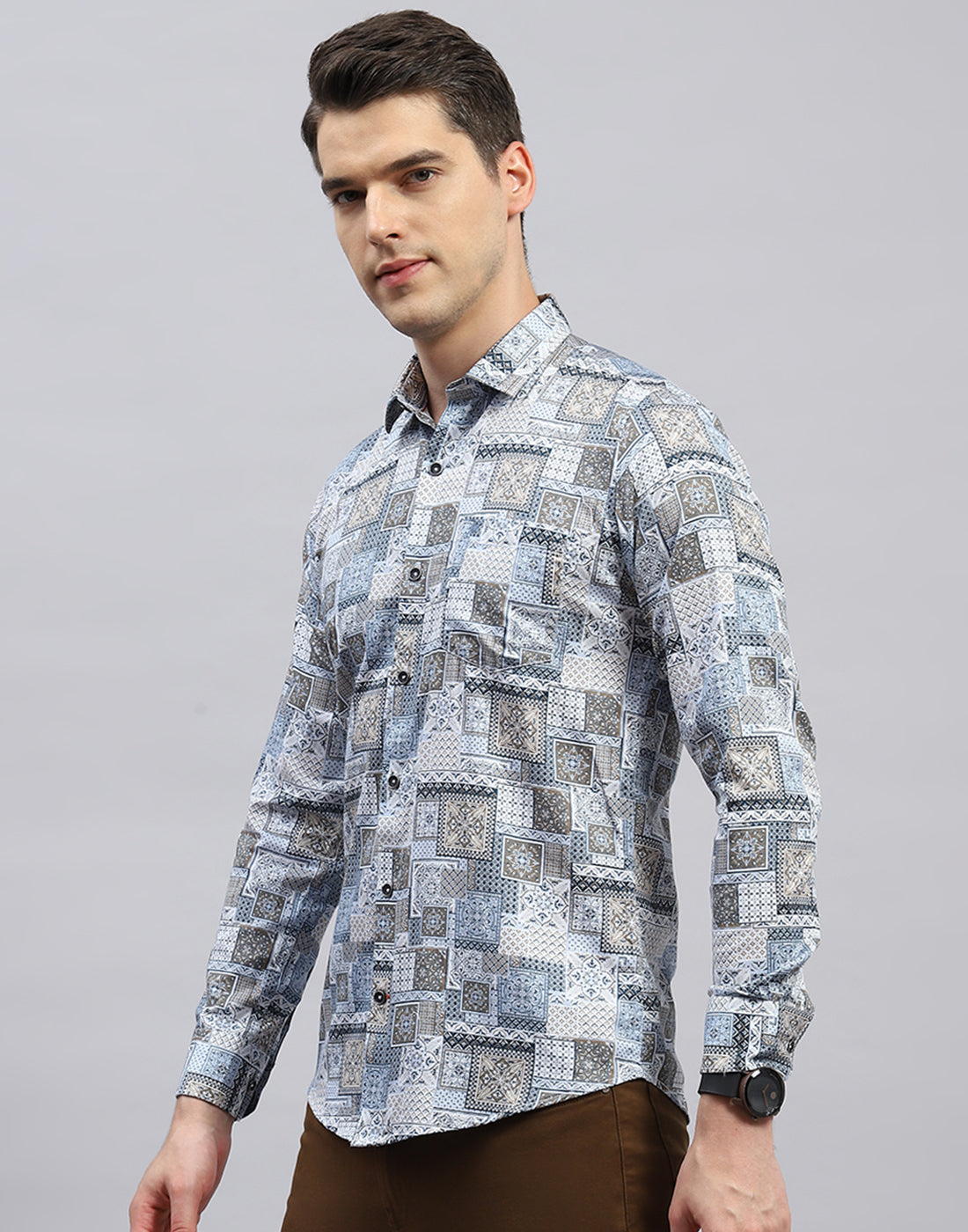 Men Blue Printed Collar Full Sleeve Shirt