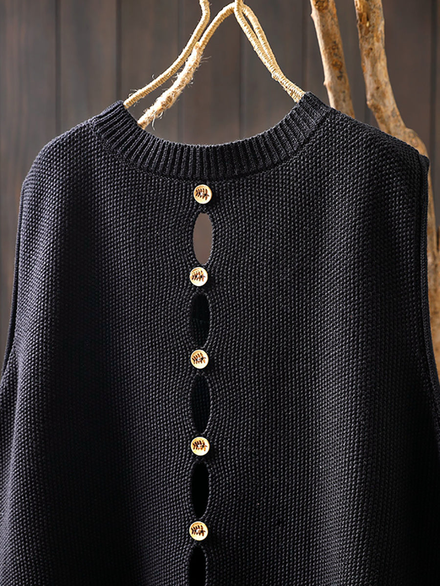 Women Vintage Pure Color Button Knit Vest