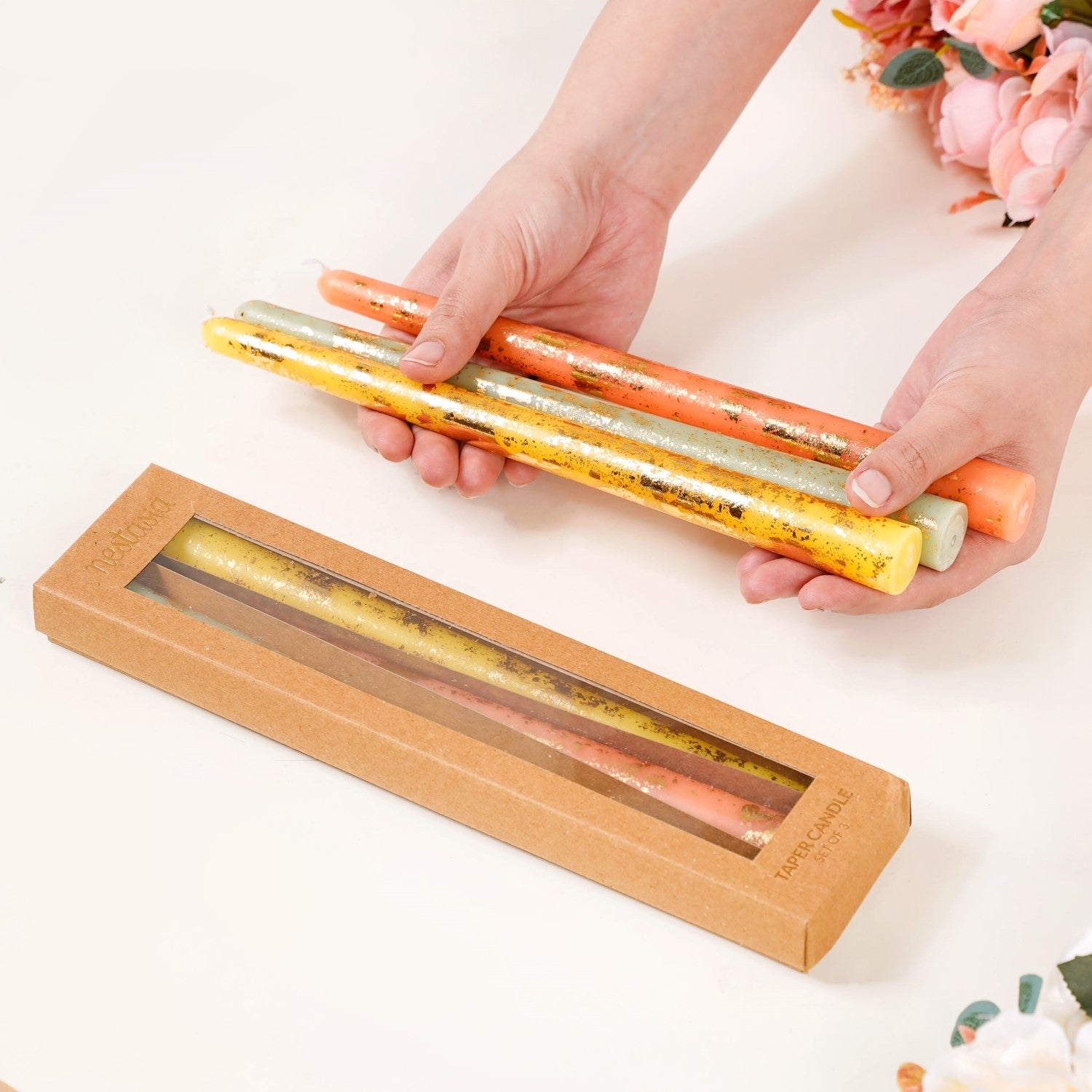 Set Of 6 Taper Candles With Gold Detailing Assorted Colours