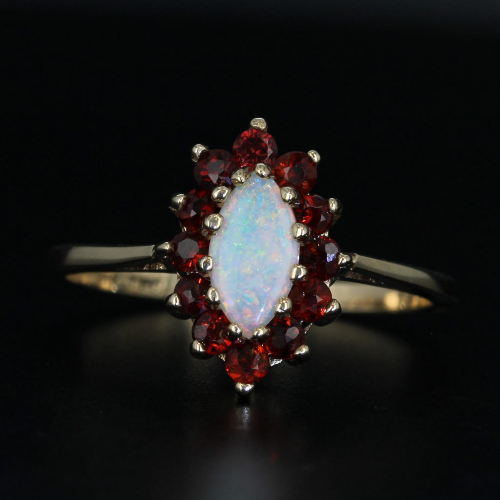 Opal Navette Cabochon Garnet Halo Ring 10k Yellow Gold Size 7.5