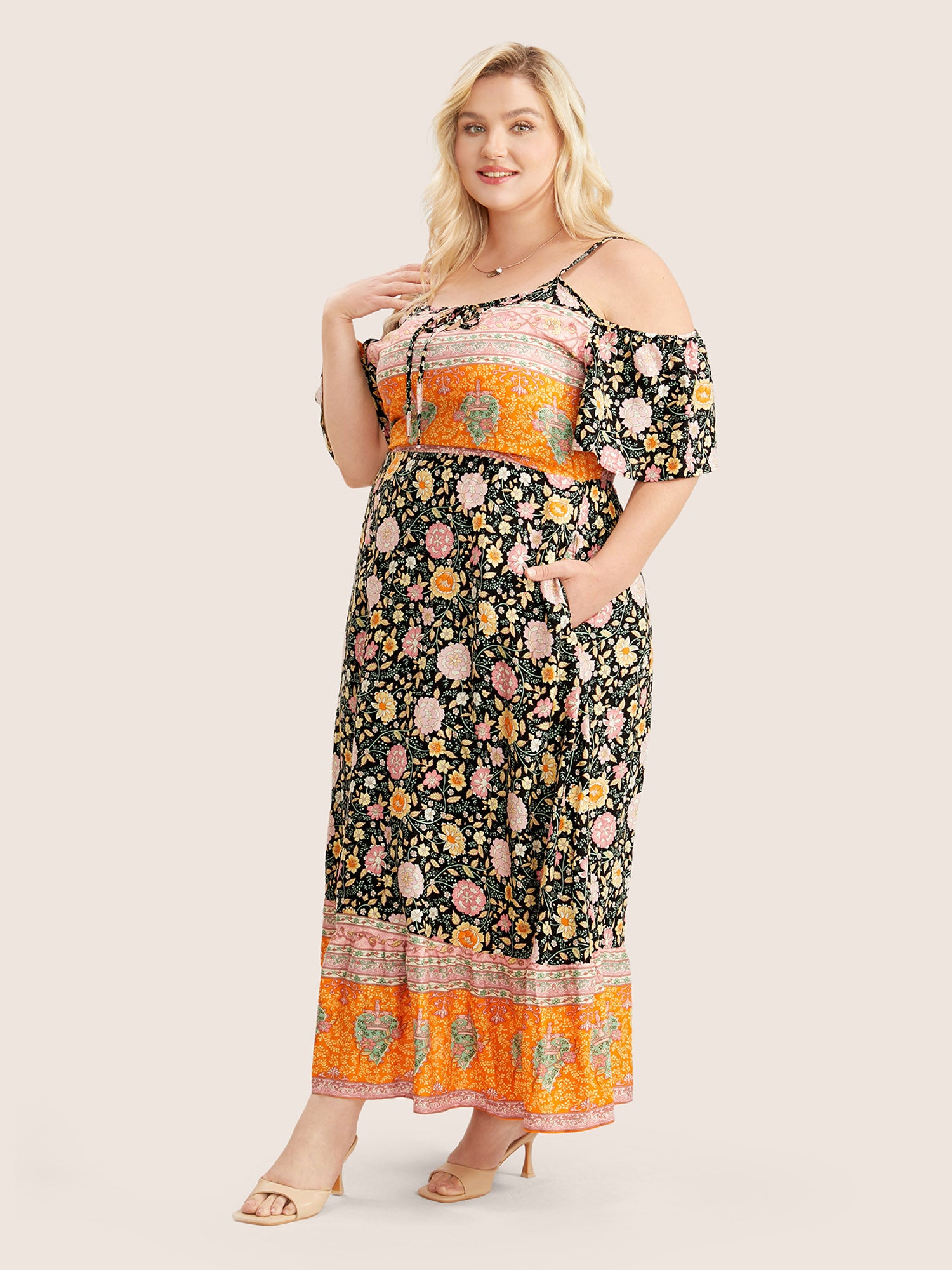 Floral Print Pocket Keyhole Ruffles Cold Shoulder Maxi Dress