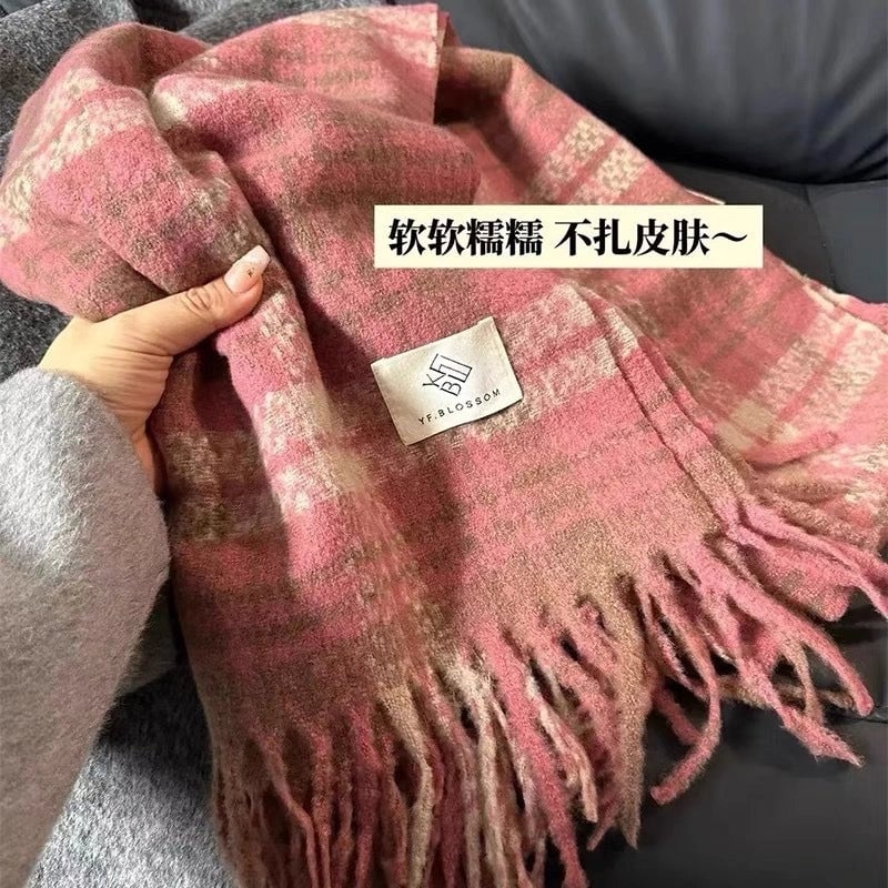 Plaid Scarf Women's Winter High-grade Gradient Mohair Thickened Warm Scarf New Cashmere-like Shawl