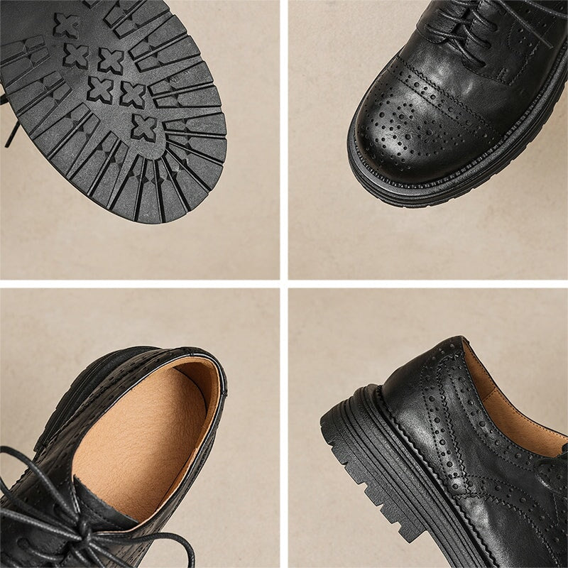 Vintage British Brogue Shoes - Round Toe Low-Heel Lace-Up Oxfords Black/Brown