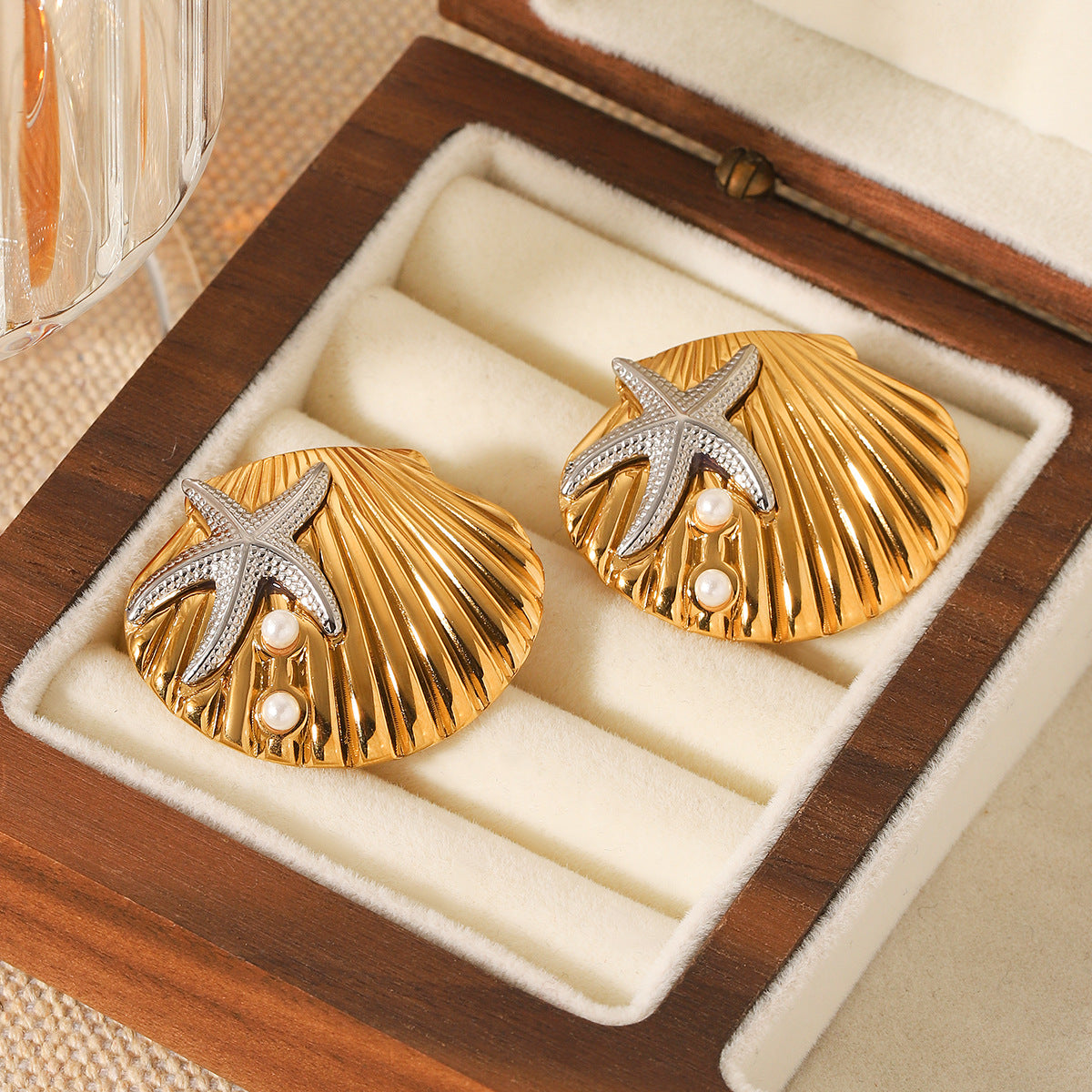 Stainless Steel Starfish Pearl Earrings Shell Earrings Gold And Silver Color Matching Titanium Steel Earrings