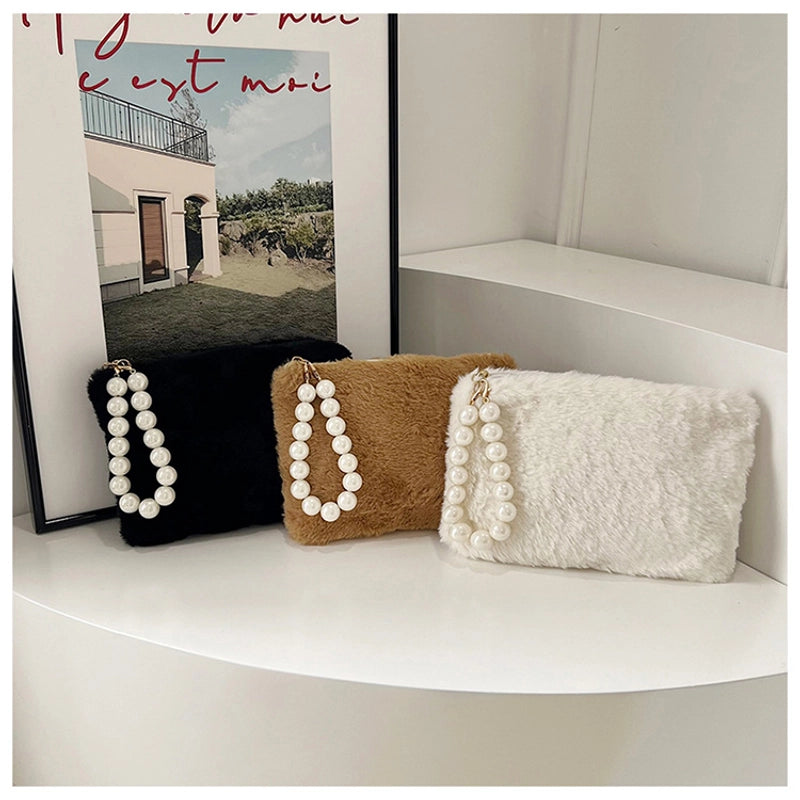 Black Brown White Plush Solid Color Beading Pearls Square Clutches