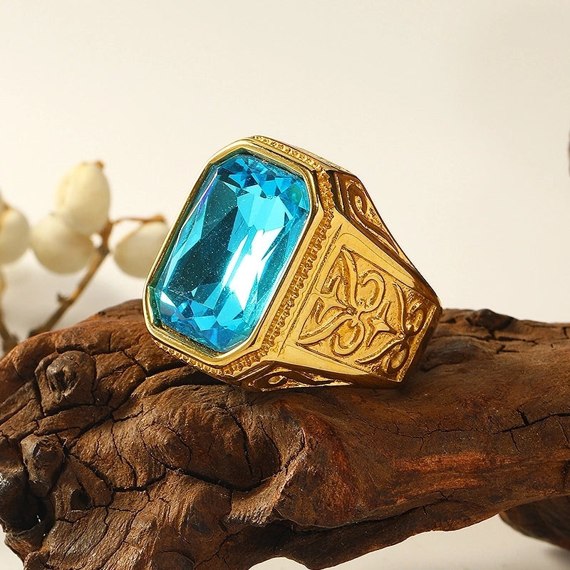 Retro Square Titanium Steel Plating Inlay Artificial Gemstones Rings