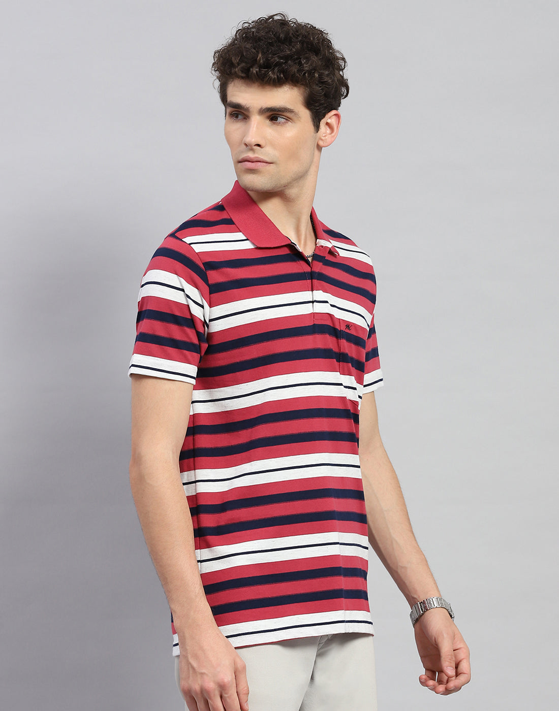 Men Red Stripe Polo Collar Half Sleeve T-Shirt