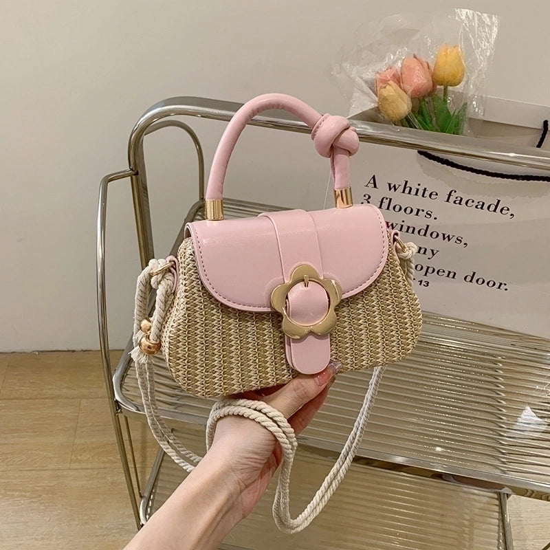 Women's Medium Straw Color Block Streetwear Square Flip Cover Shoulder Bag Crossbody Bag Straw Bag
