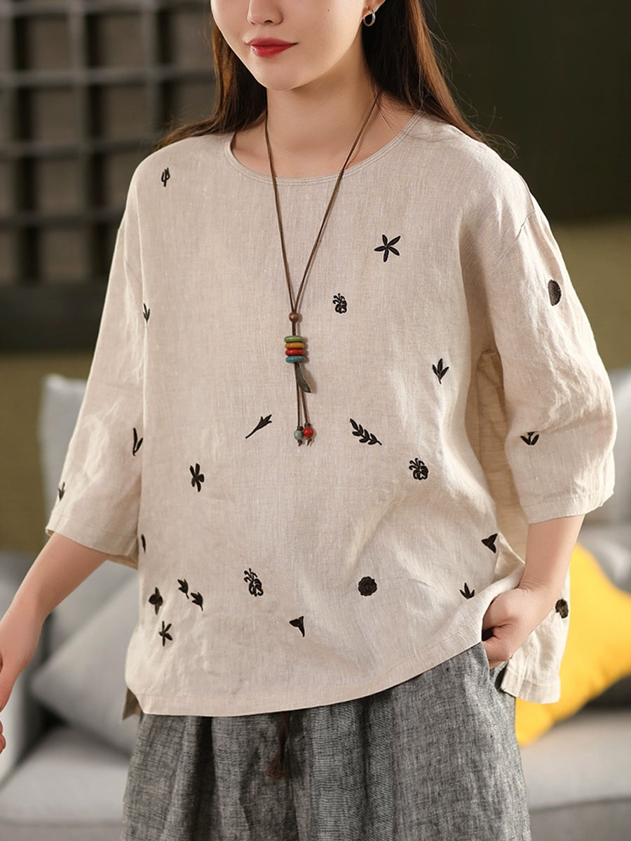 Women Spring O-Neck Flower Embroidery 100%Linen Shirt