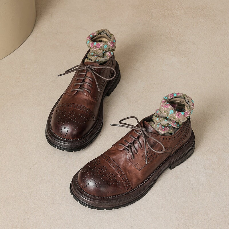Vintage British Brogue Shoes - Round Toe Low-Heel Lace-Up Oxfords Black/Brown