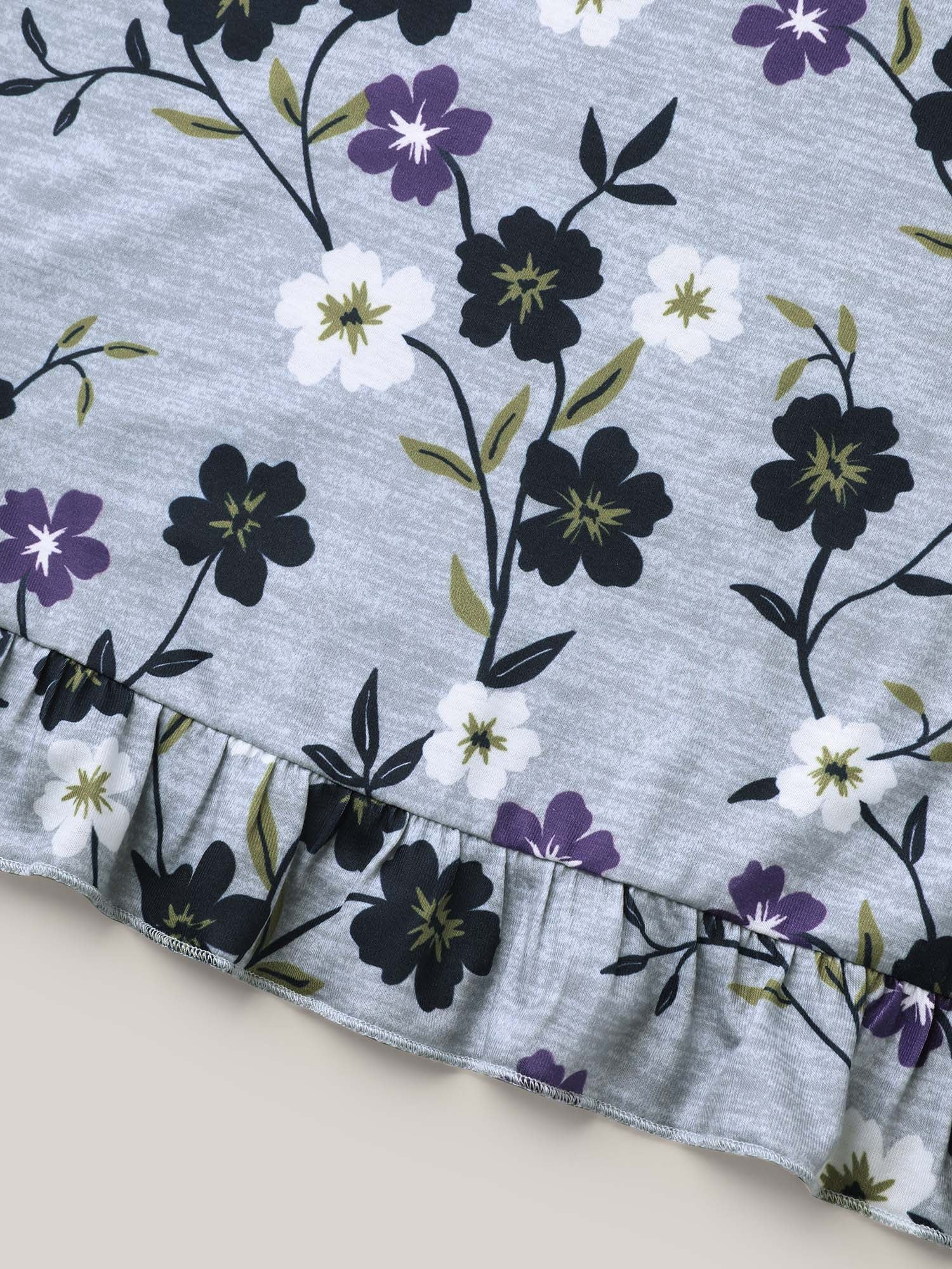 Floral Print Frill Trim Knit Top