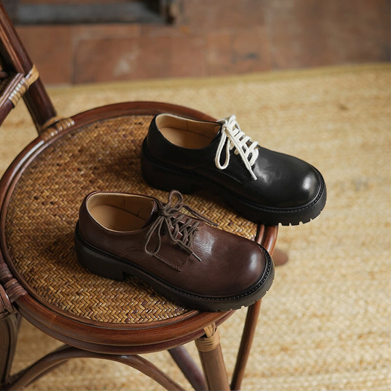 50mm Heel Vintage Waxed Cow Leather Chunky Oxford Shoes in Black/Brown