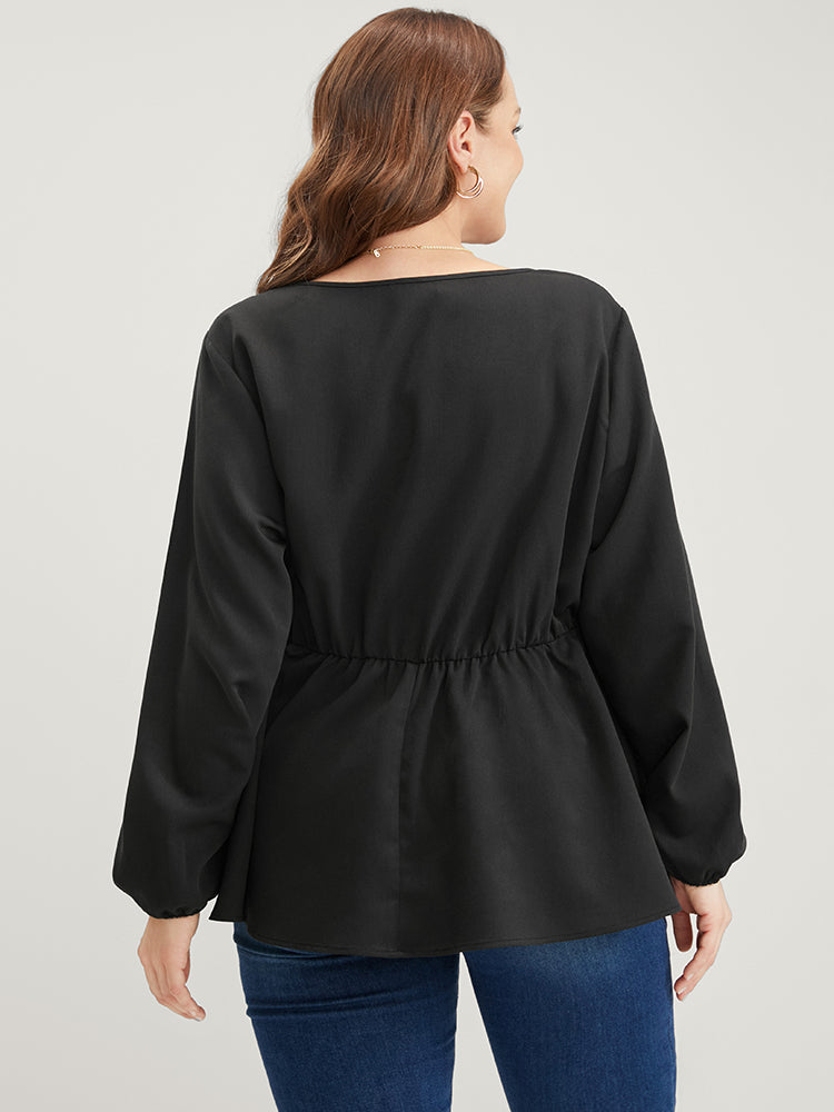 Solid Lantern Sleeve Keyhole Round Neck Ruffle Blouse