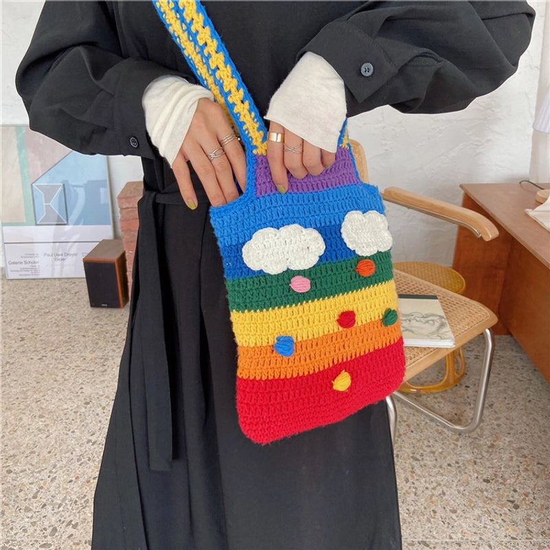 Women's Medium Fabric Clouds Rainbow Stripe Cute Square Open Shoulder Bag