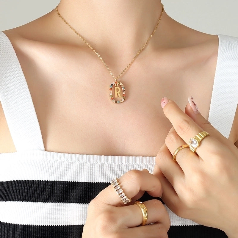 INS Style Letter Oval Titanium Steel Zircon 18K Gold Plated Inlay Necklace