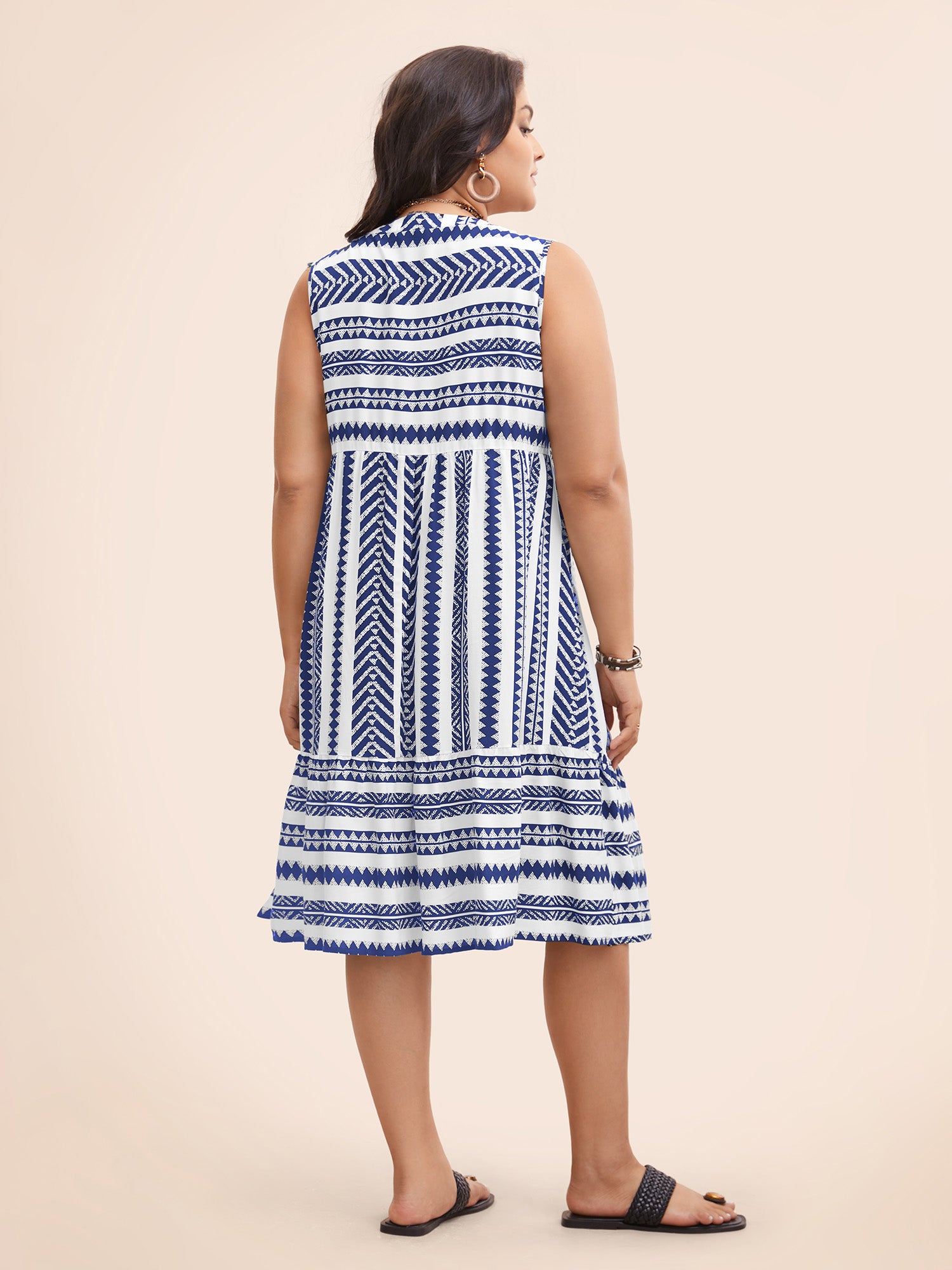 Striped Geometric Pocket Ruffle Hem Sleeveless Tank Dress