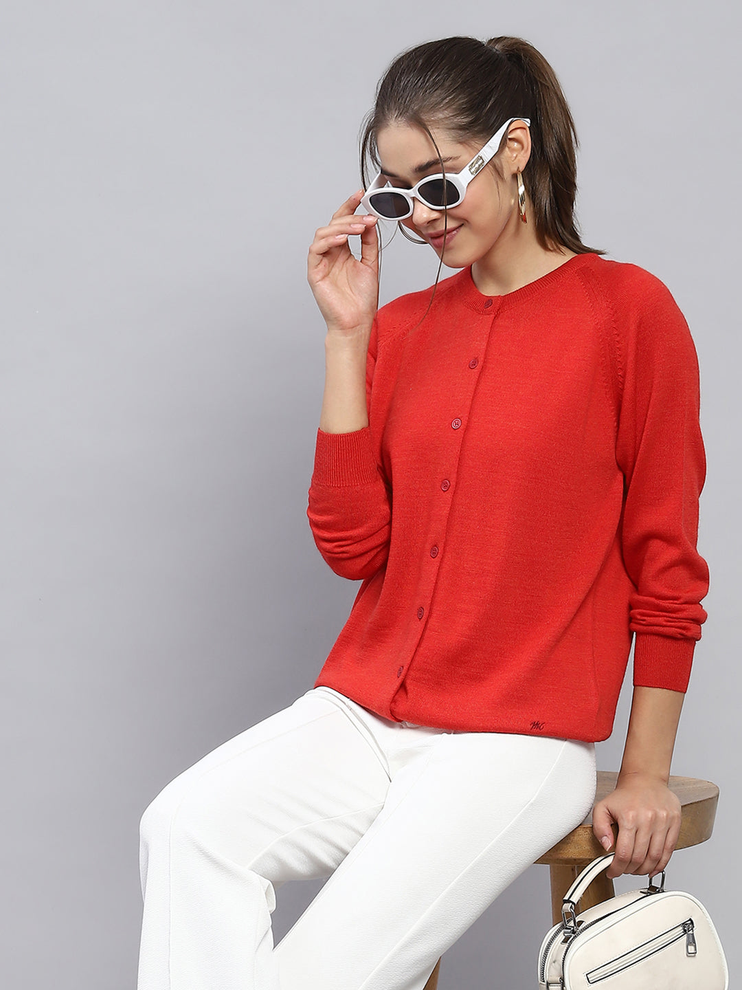 Women Red Solid Round Neck Full Sleeve Cardigan