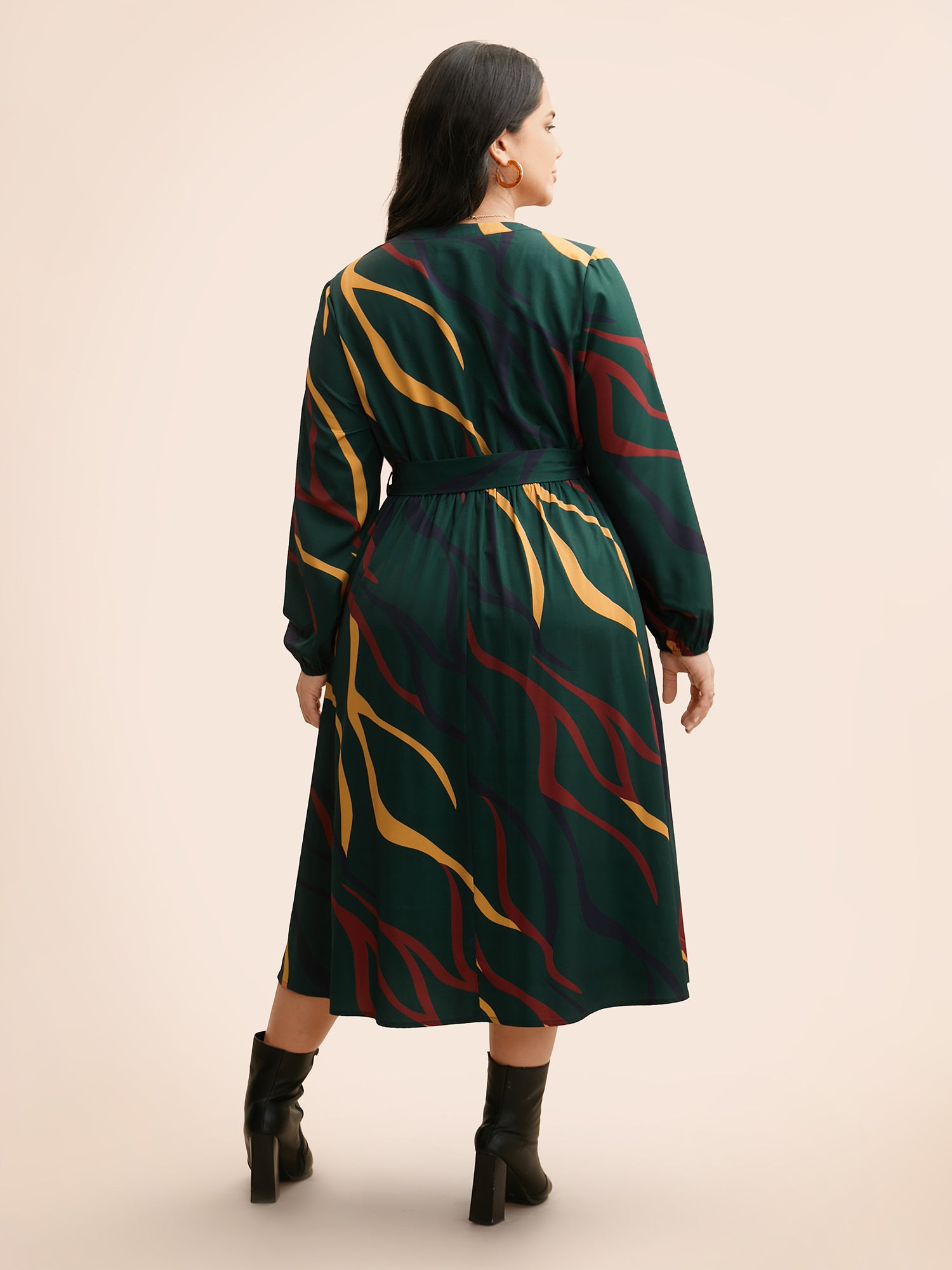 Notched Geometric Belted Midi Dress