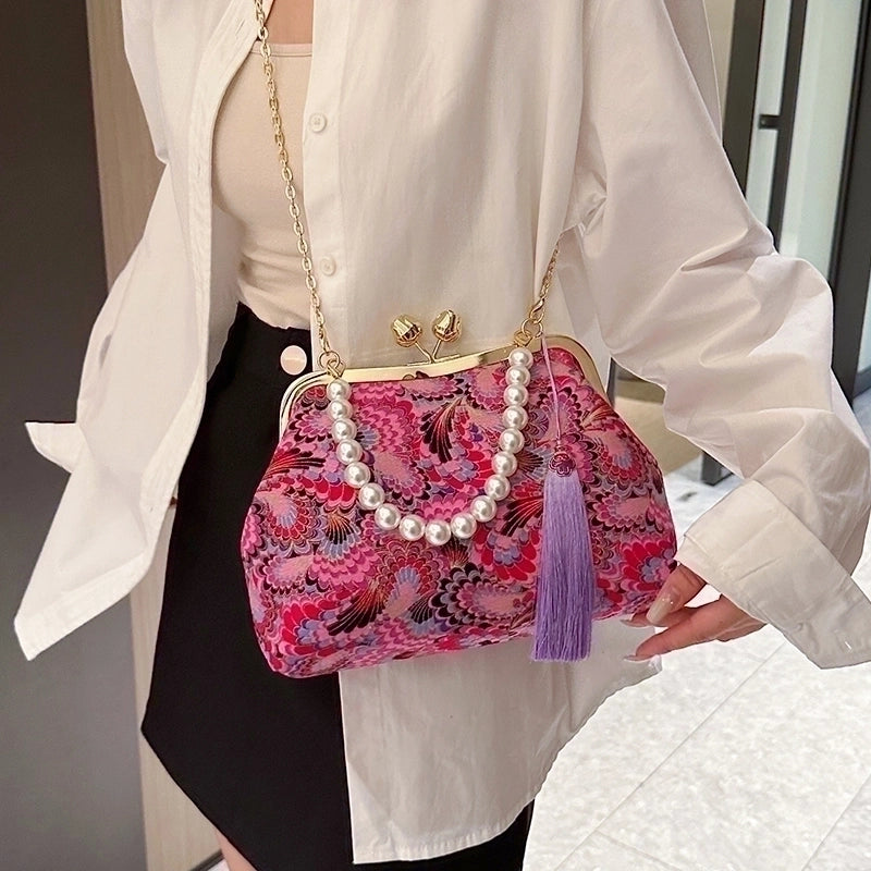 Women's Cloth Flower Elegant Pearls Sewing Thread Shell Clasp Frame Shoulder Bag