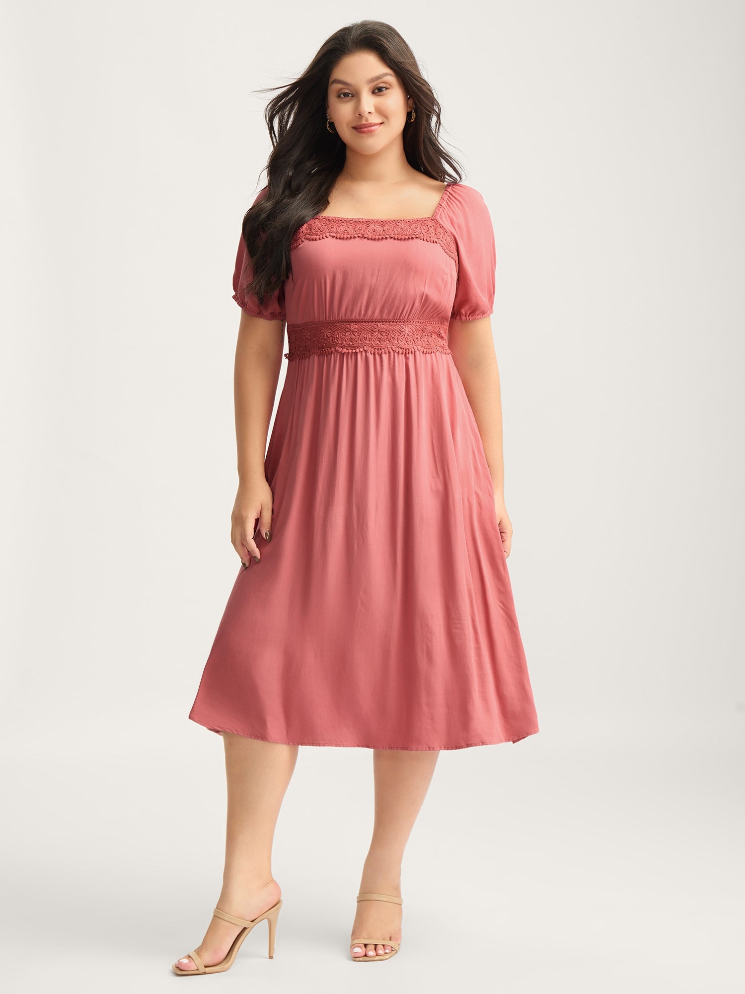 Lace Trim Stretchy Waist Pockets Midi Dress