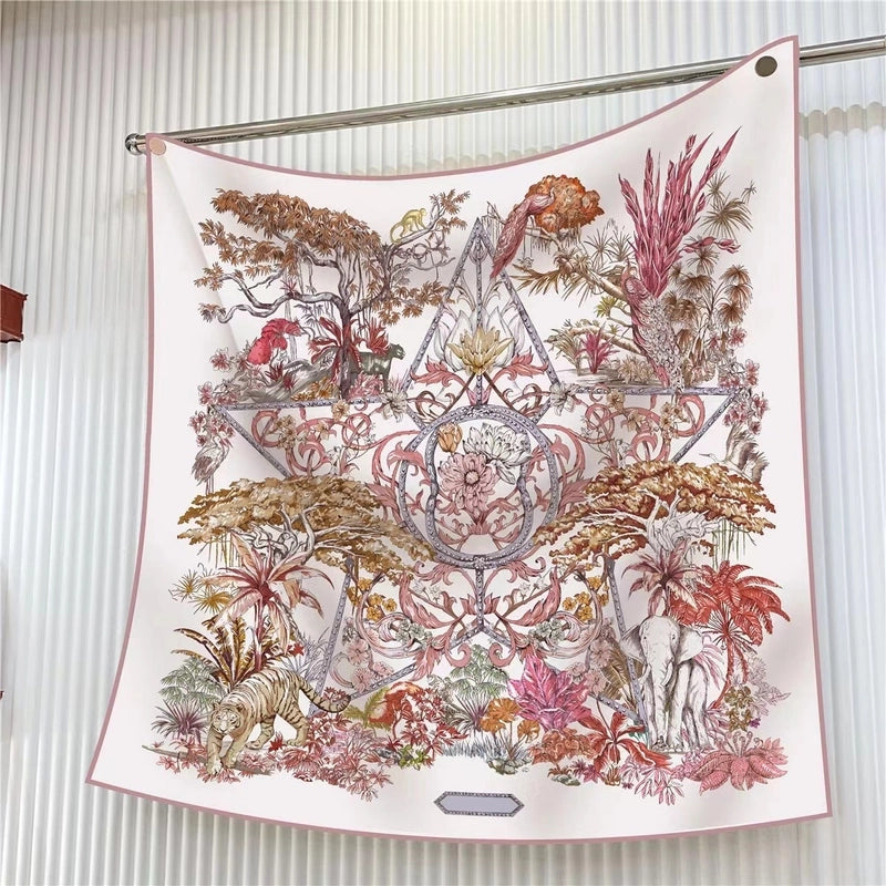 New High Quality Twill Forged Large Square Fashion 90*90cm Printed Silk Scarf Sunscreen Shawl Scarf