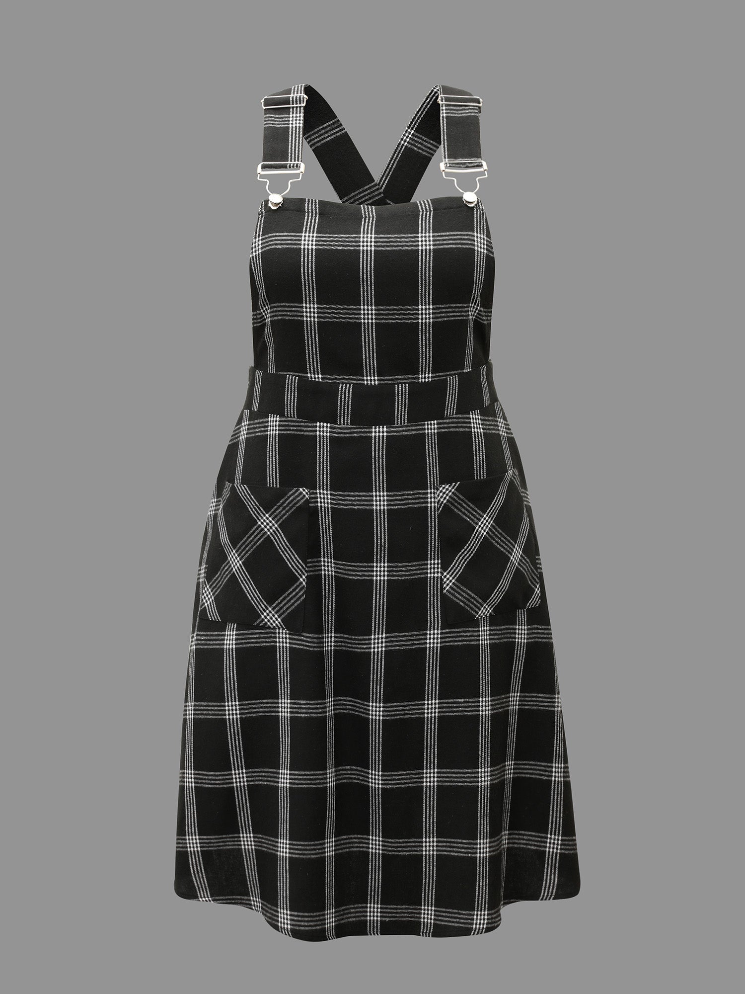 Plaid Square Neck Patched Pocket Dress