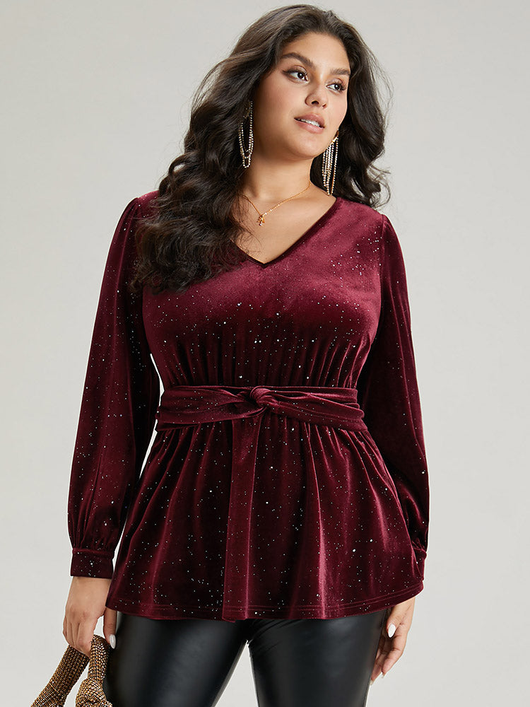 Glitter Sequin Velvet Twist Front V Neck Blouse