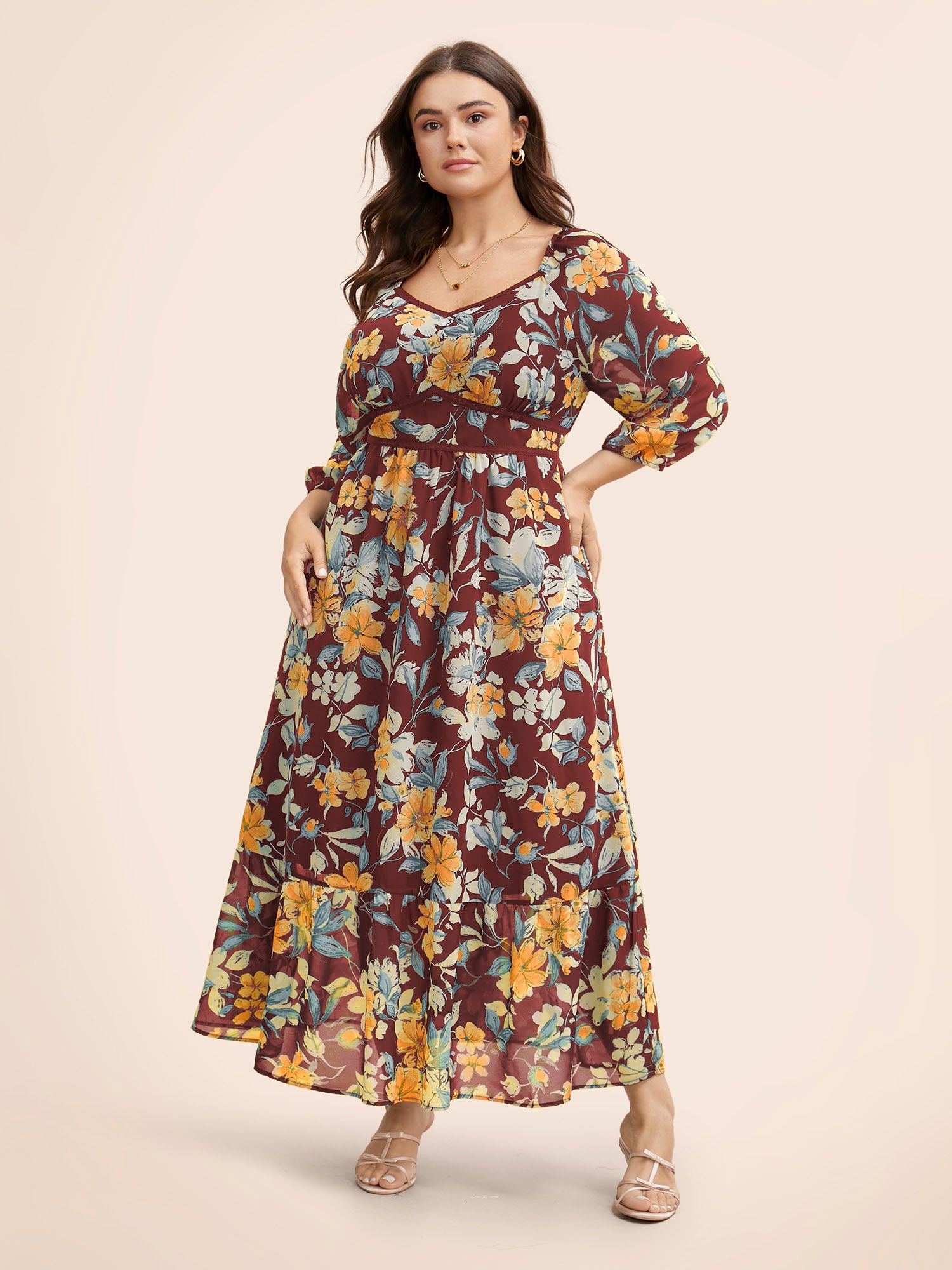 Floral Heart Neckline Woven Ribbon Gathered Dress