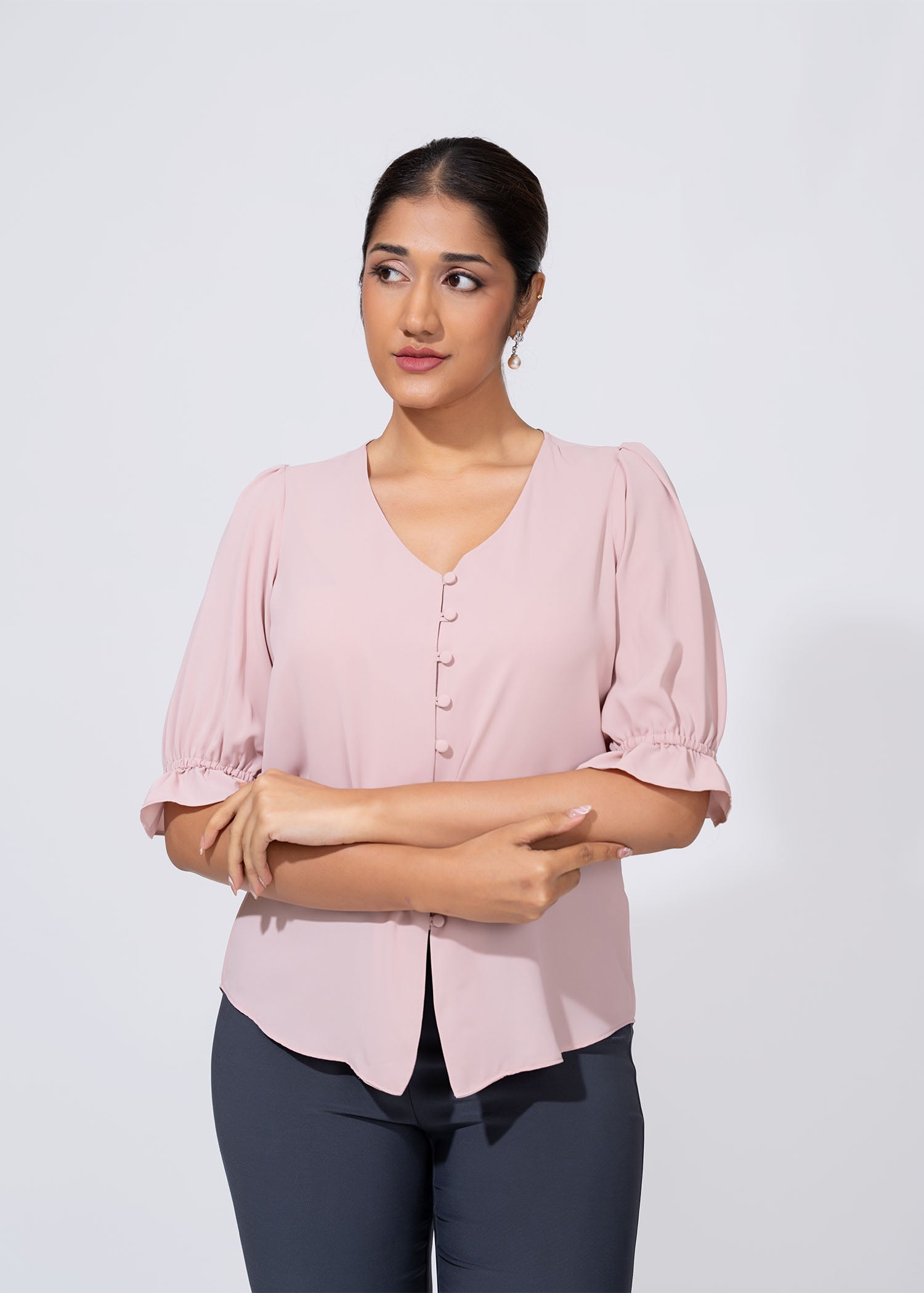 V Neck Button Down Blouse With Puff Sleeve