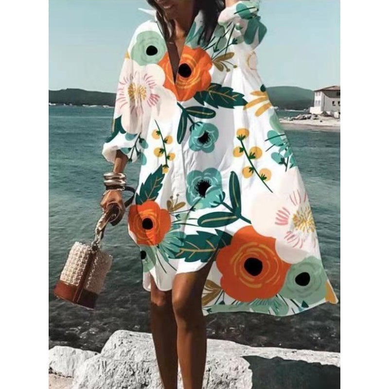 Vestido camisero floral de manga larga para mujer con cuello en V