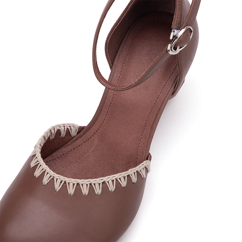 Handmade Woven Leather Sandals Closed Toe 58mm Cylinder Heel Shoes with Ankle Strap in Yellow Brown/Coffee