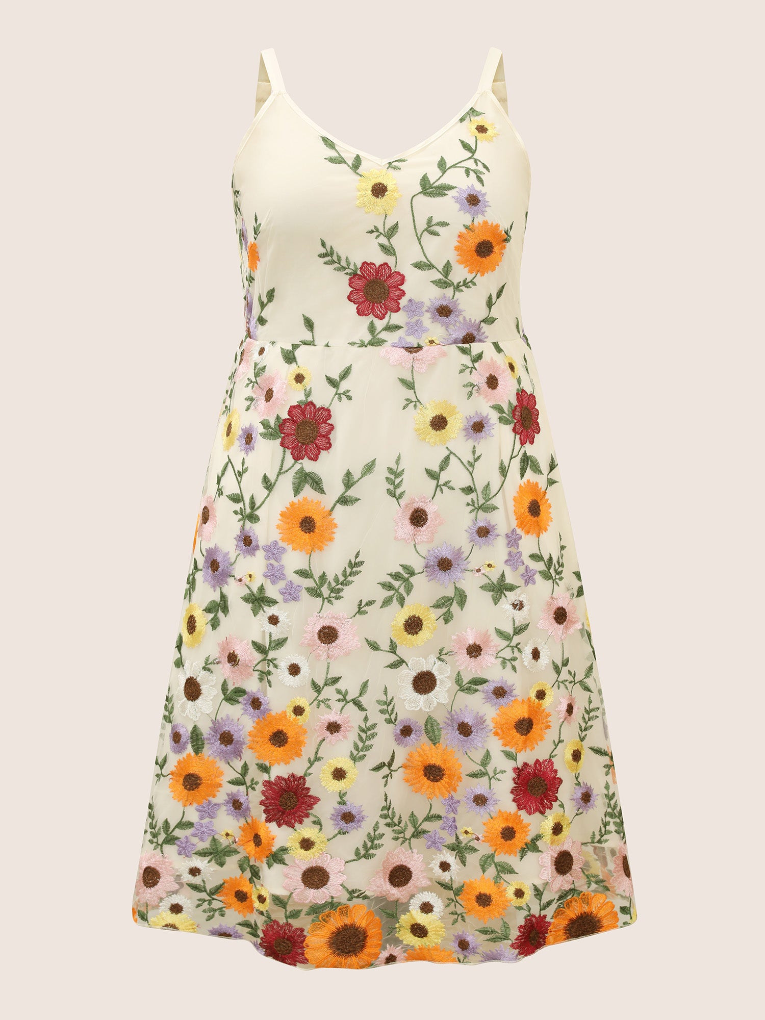 V Neck Floral Embroidered Mesh Cami Dress