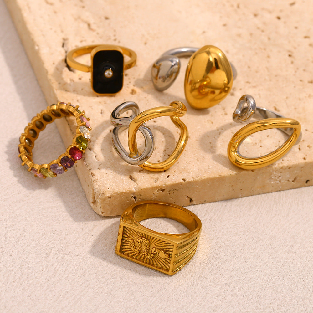 Ins Fashion Niche Design Personality Hand Jewelry Stainless Steel Plated 18K Gold Two-Color Geometric Snake Ring Female