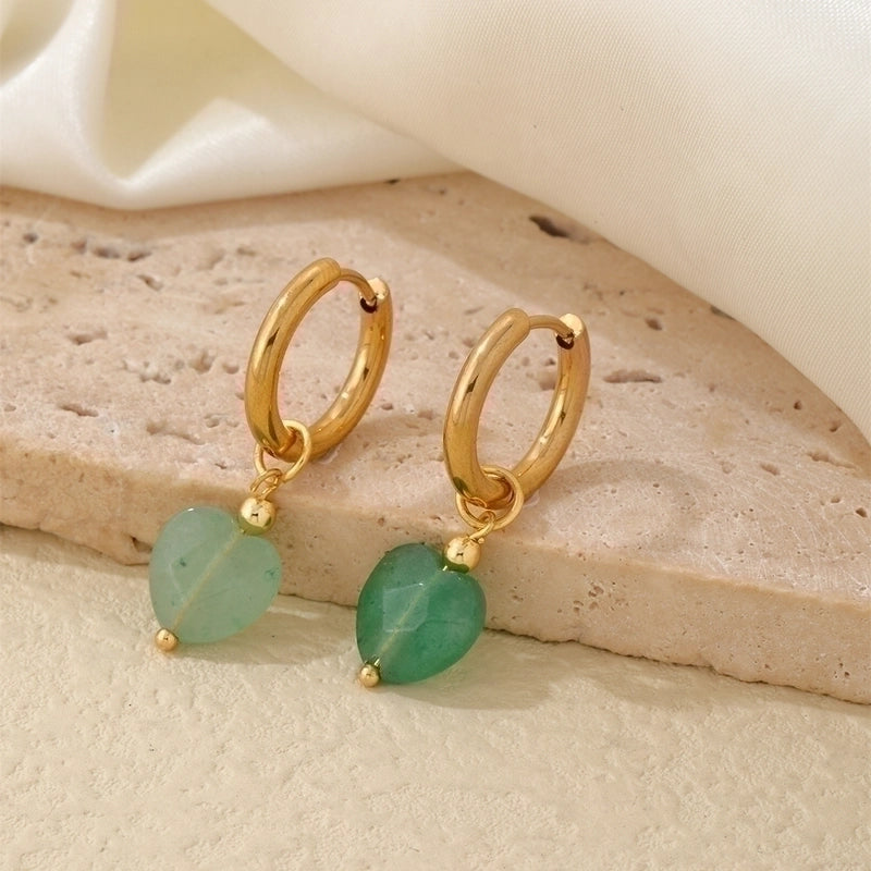 1 Pair Vintage Style Minimalist Heart Shape Plating 304 Stainless Steel Natural Stone Drop Earrings