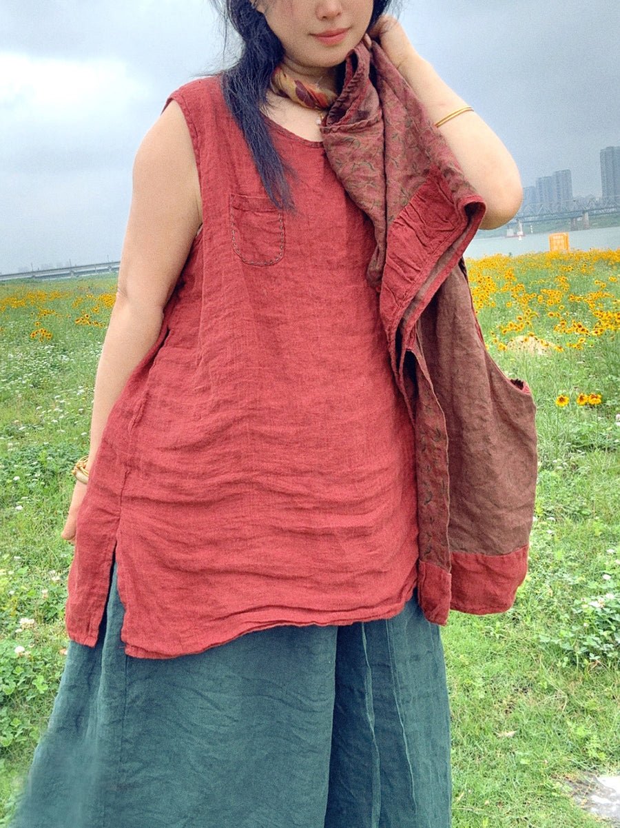 Women Summer Vintage Stitching Linen O-Neck Vest