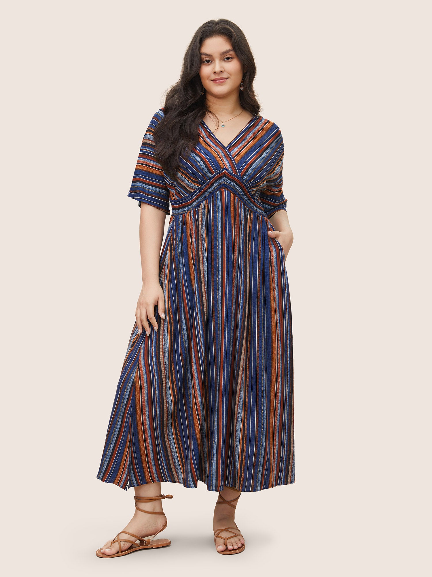 Striped Contrast Dolman Sleeve Shirred Pocket Split Flutter Dress