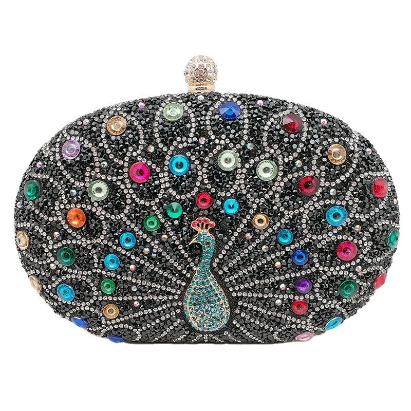 Silver Black Green Pu Leather Peacock Oval Evening Bags