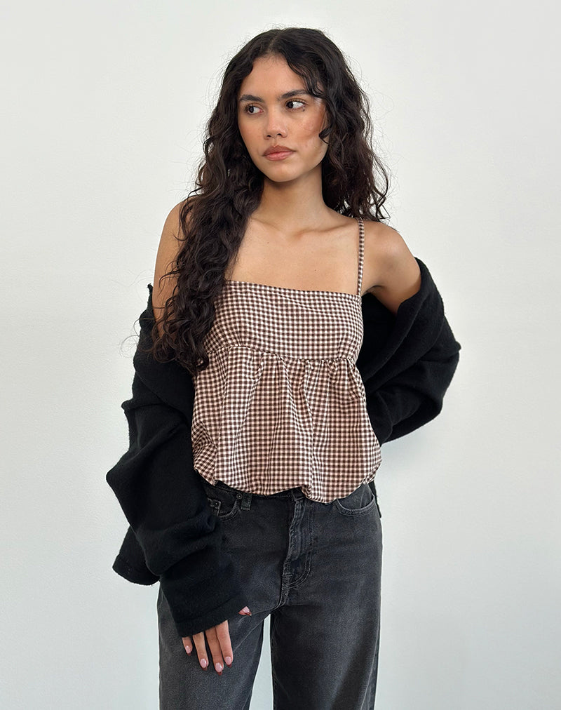 Charlita Frill Cami Top in Mini Gingham Brown