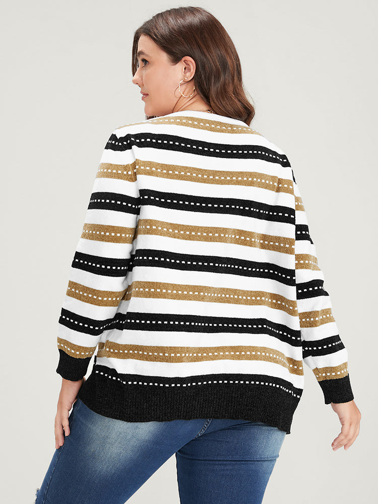 Striped Contrast Pointelle Knit Jacquard Open Front Cardigan