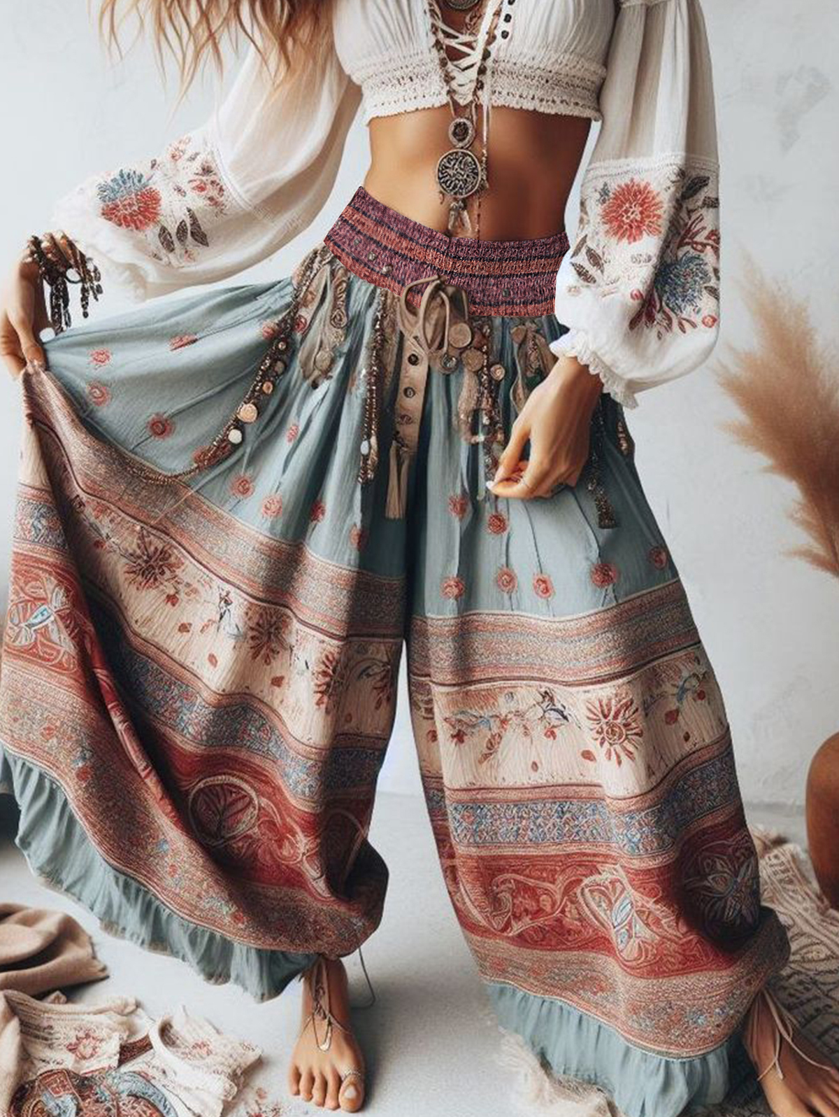 Boho Patchwork High Waist Wide Leg Ruffle Pants